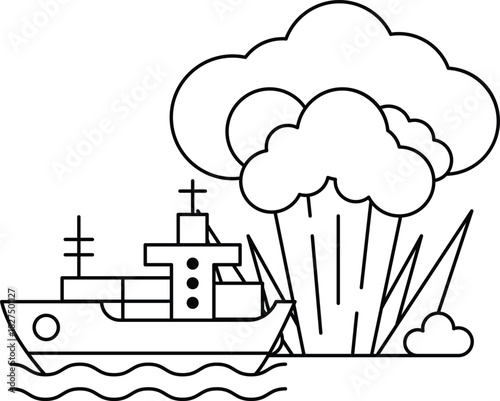 A ship is sailing in the ocean with a large cloud of smoke in the background