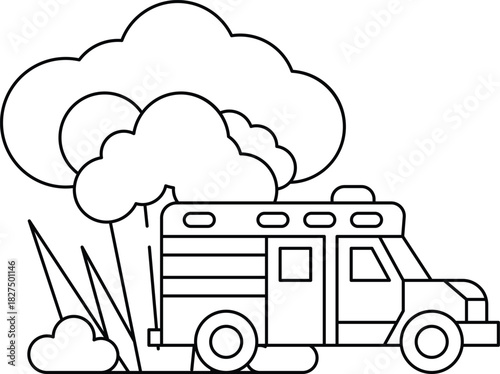 A black and white drawing of a fire truck with a cloud in the background