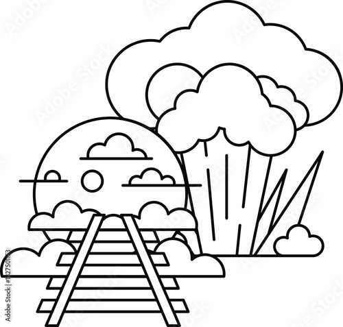 A train is on a track and there is a cloud in the sky