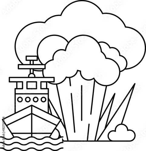 A ship is sailing in the ocean with a cloud of smoke in the background