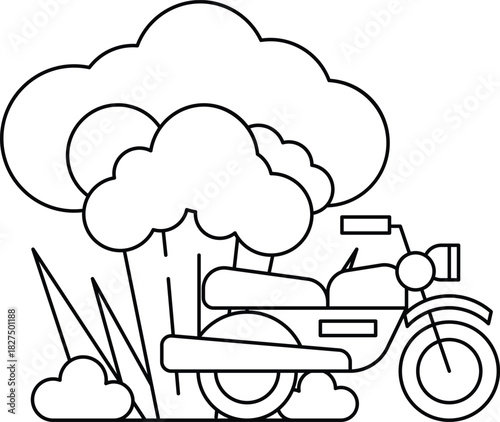 A motorcycle is shown in a drawing with a cloud in the background