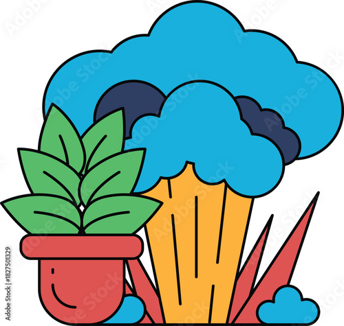 A plant is in a pot and a cloud is in the background