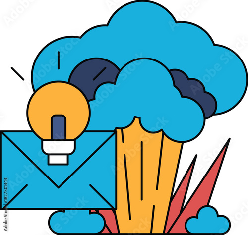 A white and black drawing of a light bulb