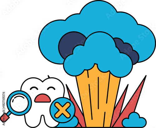 A cartoon of a tooth with a magnifying glass on it