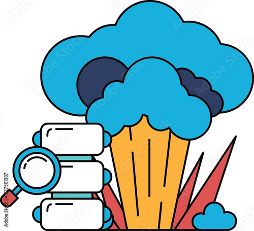 A black and white drawing of a cloud with a magnifying glass on the left side