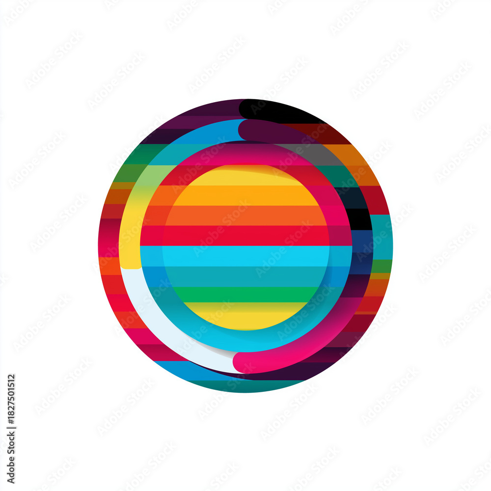 Obraz premium 青、赤、黄色の曲線が交差する立体丸型デザイン、モダン、クリエイティブ、テクノロジー、デジタルアート、アイコン、ロゴテンプレート、ビジュアル素材