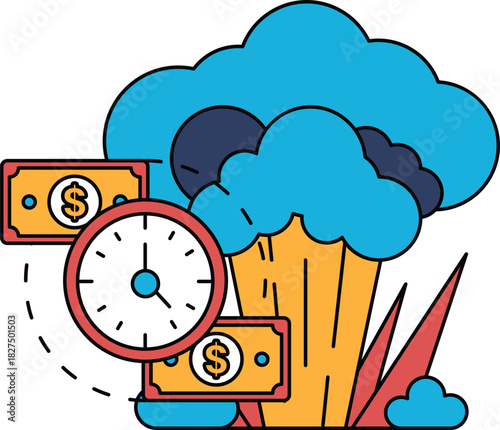 A black and white drawing of a clock and two stacks of money