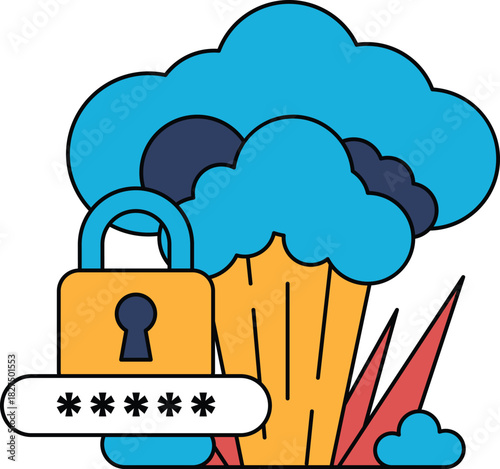 A black and white drawing of a lock and a key with a cloud in the background