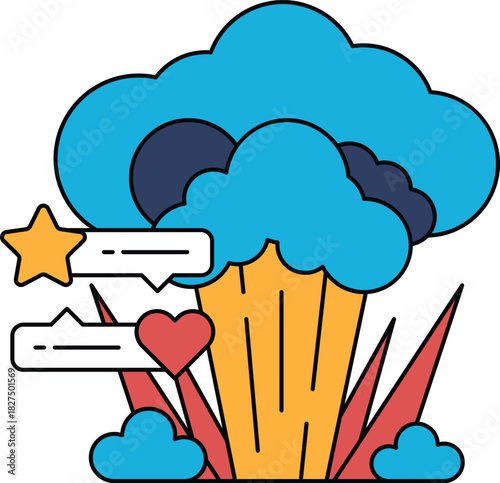 A black and white drawing of a cloud with a star and two hearts