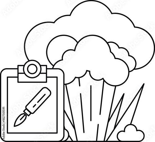 A black and white drawing of a clipboard with a pen on it