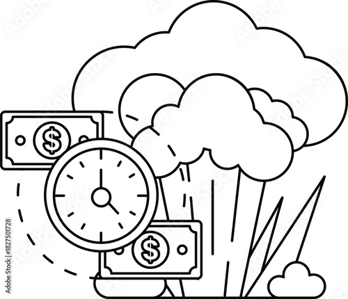 A black and white drawing of a clock and two stacks of money