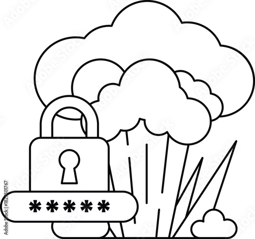 A black and white drawing of a lock and a key with a cloud in the background