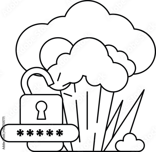 A black and white drawing of a lock and a key with a cloud in the background