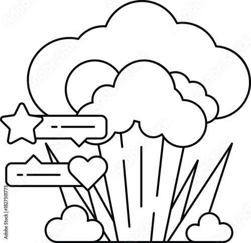 A black and white drawing of a cloud with a star and two hearts