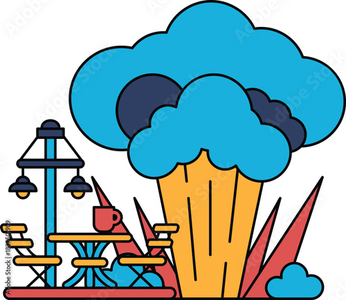 A black and white drawing of a picnic area with a table and chairs, a cup