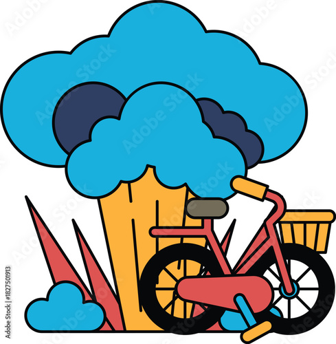 A bicycle is parked in front of a tree