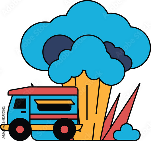 A white truck is driving through a cloud of smoke