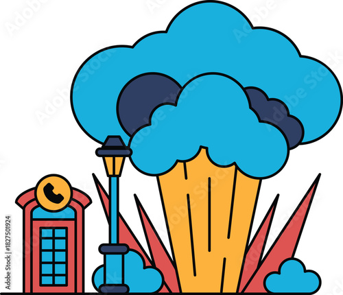 A black and white drawing of a city with a telephone booth, a lamp post