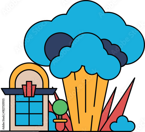 A house with a window and a tree in front of it