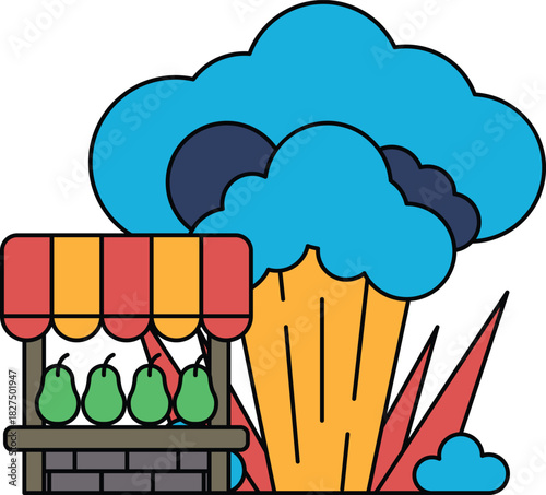 A black and white drawing of a market with a sign that says "Fresh Fruit"