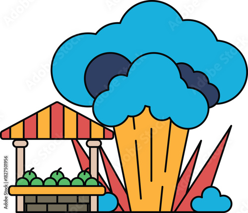 A farm scene with a large cloud in the background