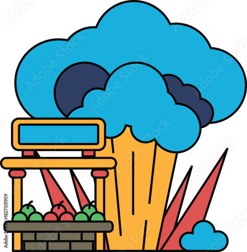 A black and white drawing of a tree with a TV and a chair in front of it