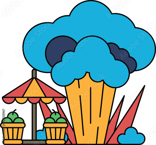 A cartoon drawing of a carnival with a large cloud in the background