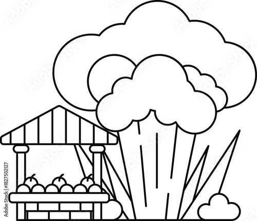 A farm scene with a large cloud in the background