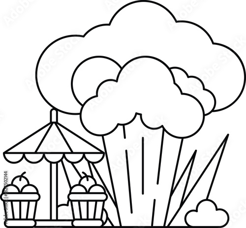 A cartoon drawing of a carnival with a large cloud in the background