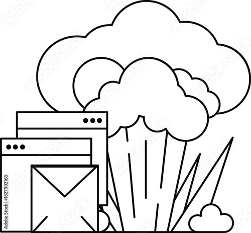 A black and white drawing of a cloud with a letter M on it