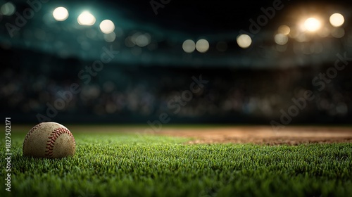 Baseball Field Night Scene: View from Behind Home Plate (Lights on Green Grass + Ground Ball), Dark Blurry Background for Youth League/Sports Event Banners