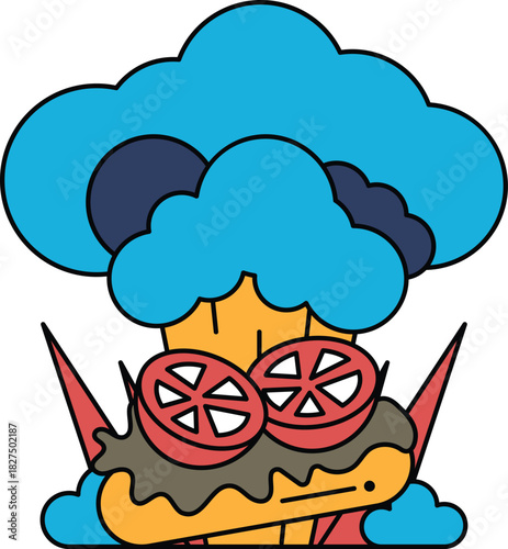 A cartoon of a chef with a big cloud of smoke coming out of his hat