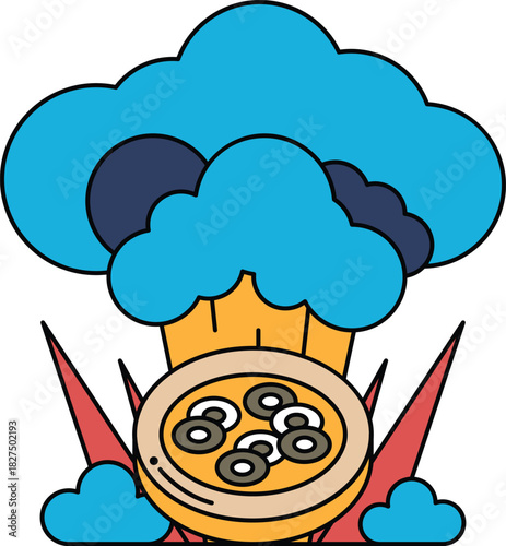 A white and black drawing of a pot of food with a cloud of smoke coming out