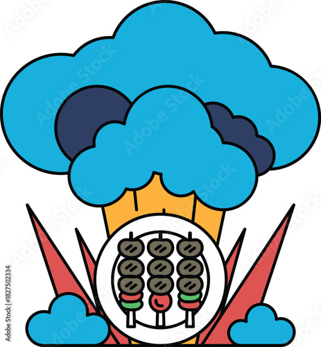 A plate of food with skewers on it is surrounded by clouds