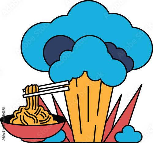 A bowl of noodles with chopsticks in it is being eaten by a person