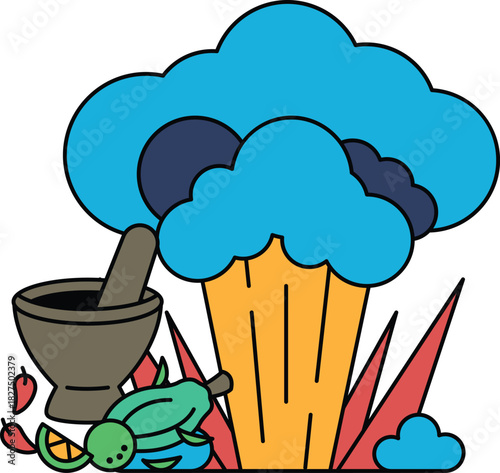 A black and white drawing of a cloud with a pot and a bowl on the ground