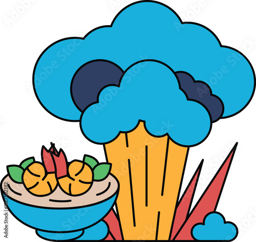 A bowl of food is next to a cloud of smoke