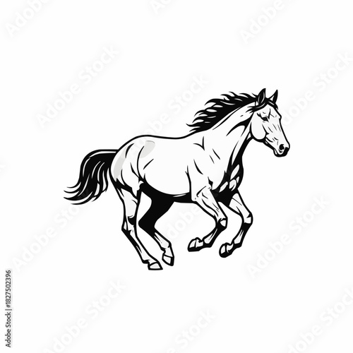 Dynamic Galloping Horse Black and White Illustration.