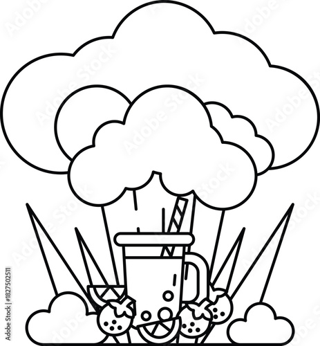 A drawing of a cloud with a cup of ice cream and a straw in it