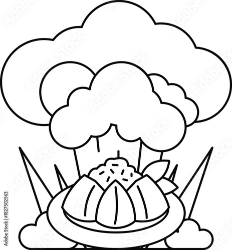 A chef is cooking food in a kitchen with a cloud of steam rising from the pot