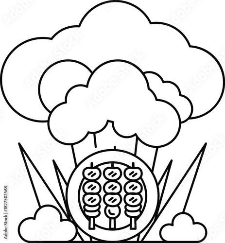 A plate of food with skewers on it is surrounded by clouds