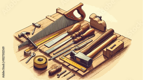 illustration of construction tools on wood, beautiful and pleasant to look at