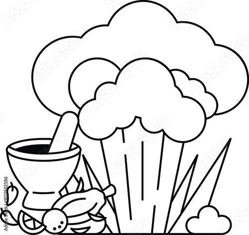 A black and white drawing of a cloud with a pot and a bowl on the ground