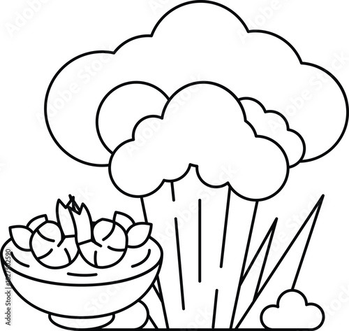 A bowl of food is next to a cloud of smoke