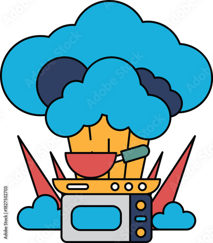 A cartoon of a chef cooking food in a kitchen with a cloud in the background
