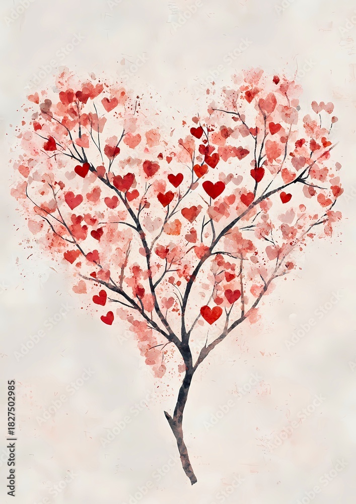 Fototapeta premium A beautiful heart-shaped tree made of red hearts, conveying love and affection. The tree has intricate branches and symbolizes growth, life, and the beauty of love.
