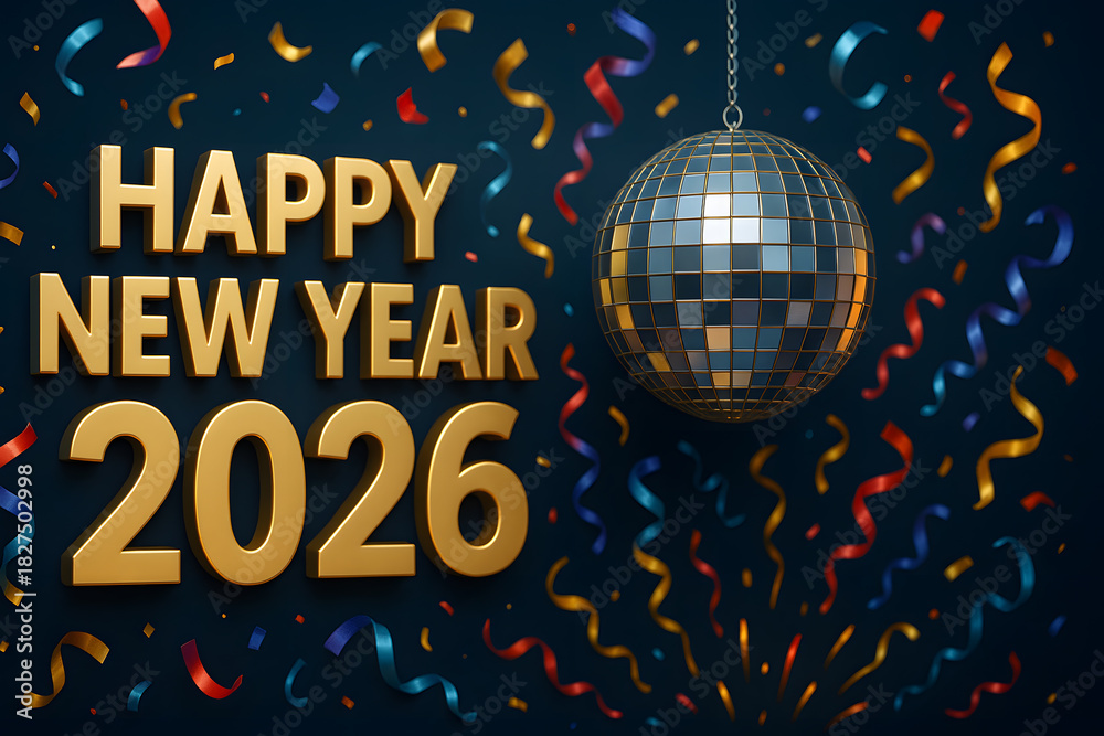 Fototapeta premium Golden happy new year 2026 text with disco ball and colorful decorations around