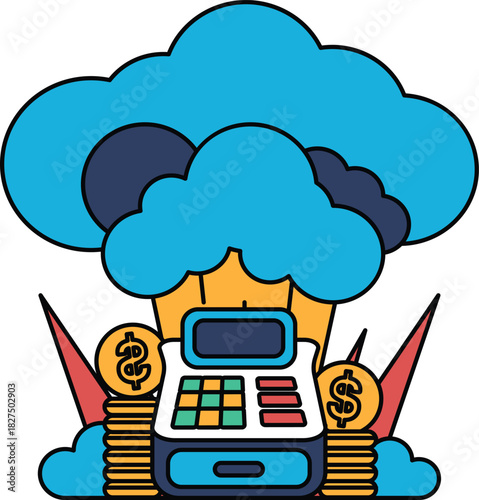 A cartoon of a robot with a calculator and a pile of money