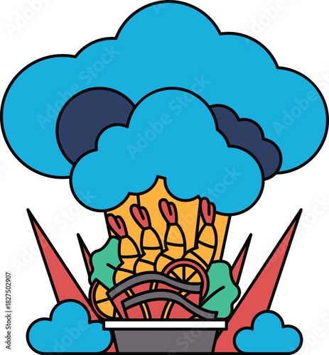 A white and black drawing of a basket of food with a cloud in the background