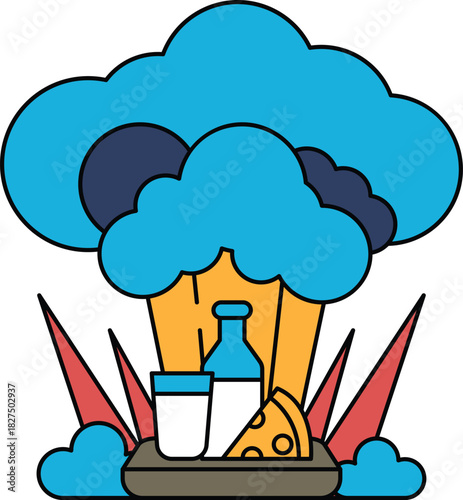 A cartoon of a cloud with a bottle of milk, a cup, and a slice of cheese